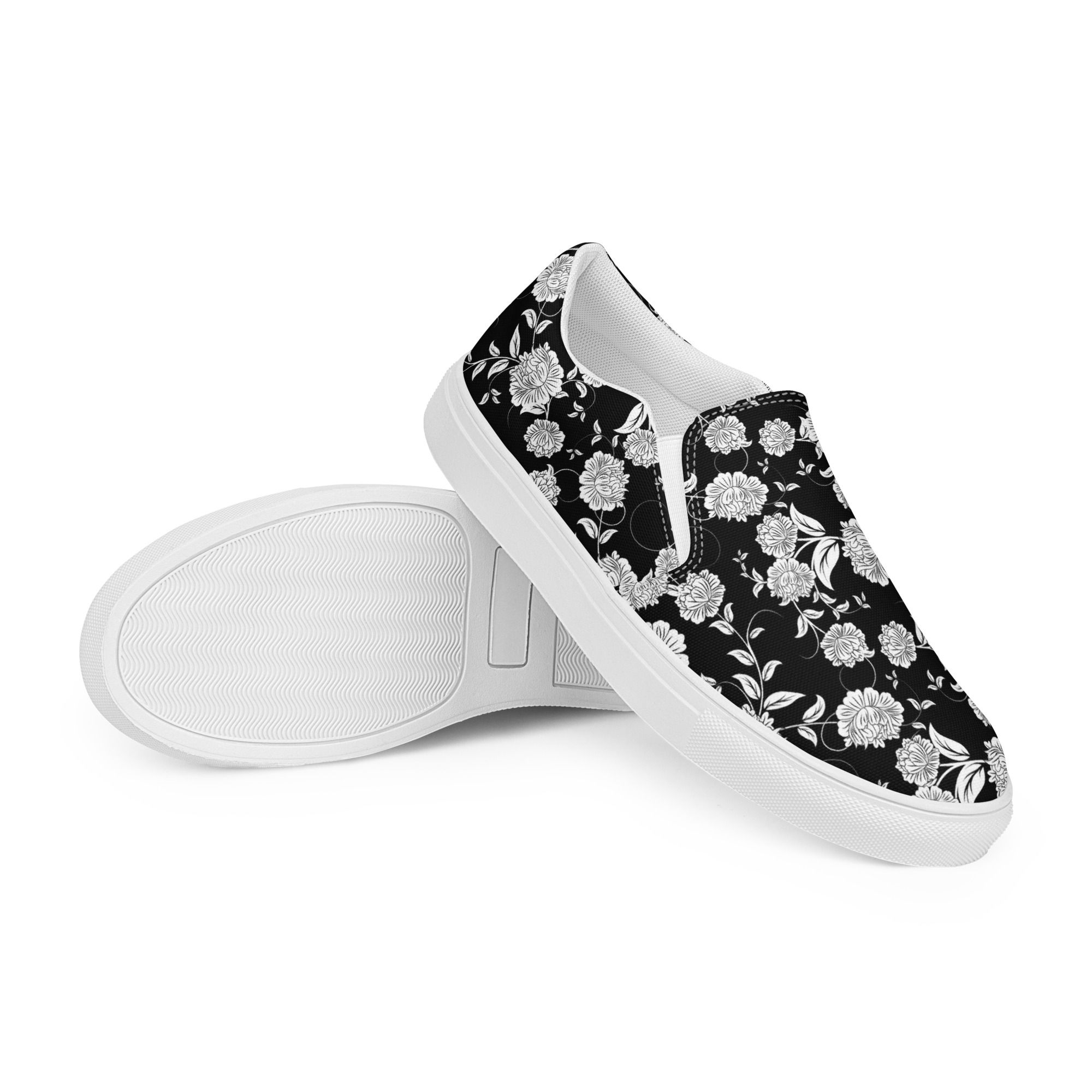 Black Floral Womens Slip-On Canvas Shoes 5-12 US size breathable lining soft