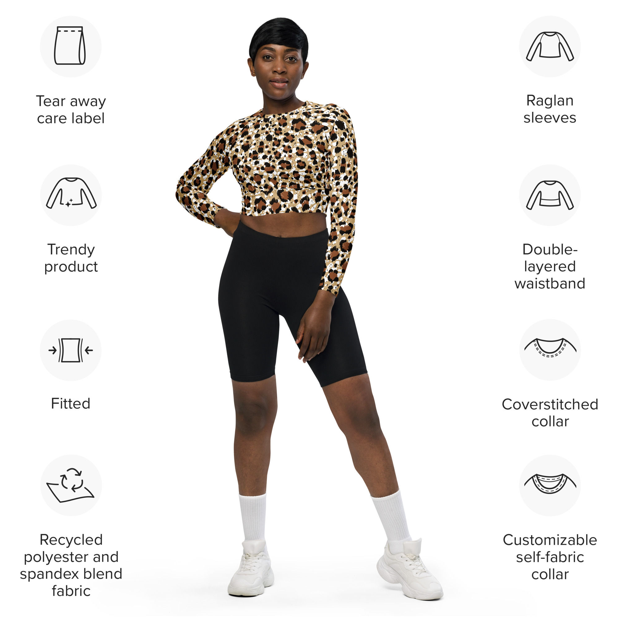 Leopard pattern Recycled long-sleeve crop top 2XS-6XL size up soft stretchy