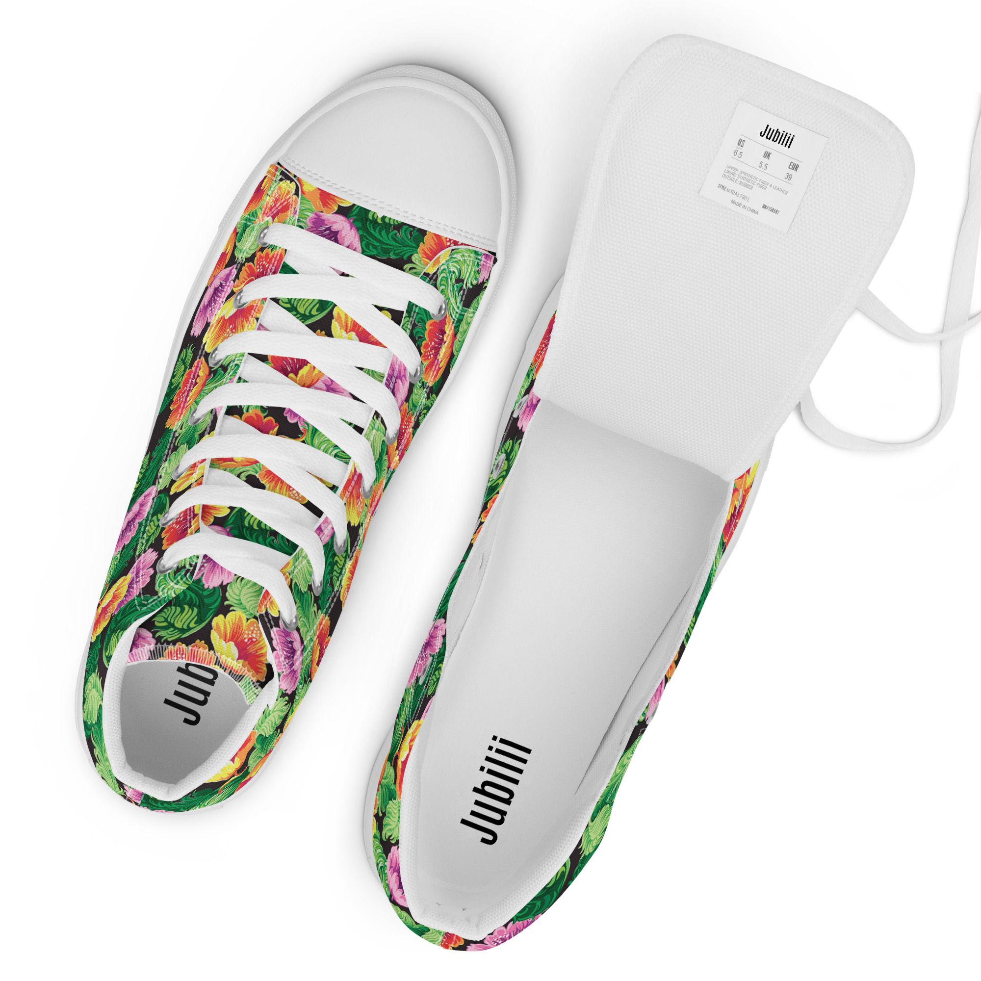 Colorful flowers women high top trainers sizes 5-12 US canvas lace-up shoes