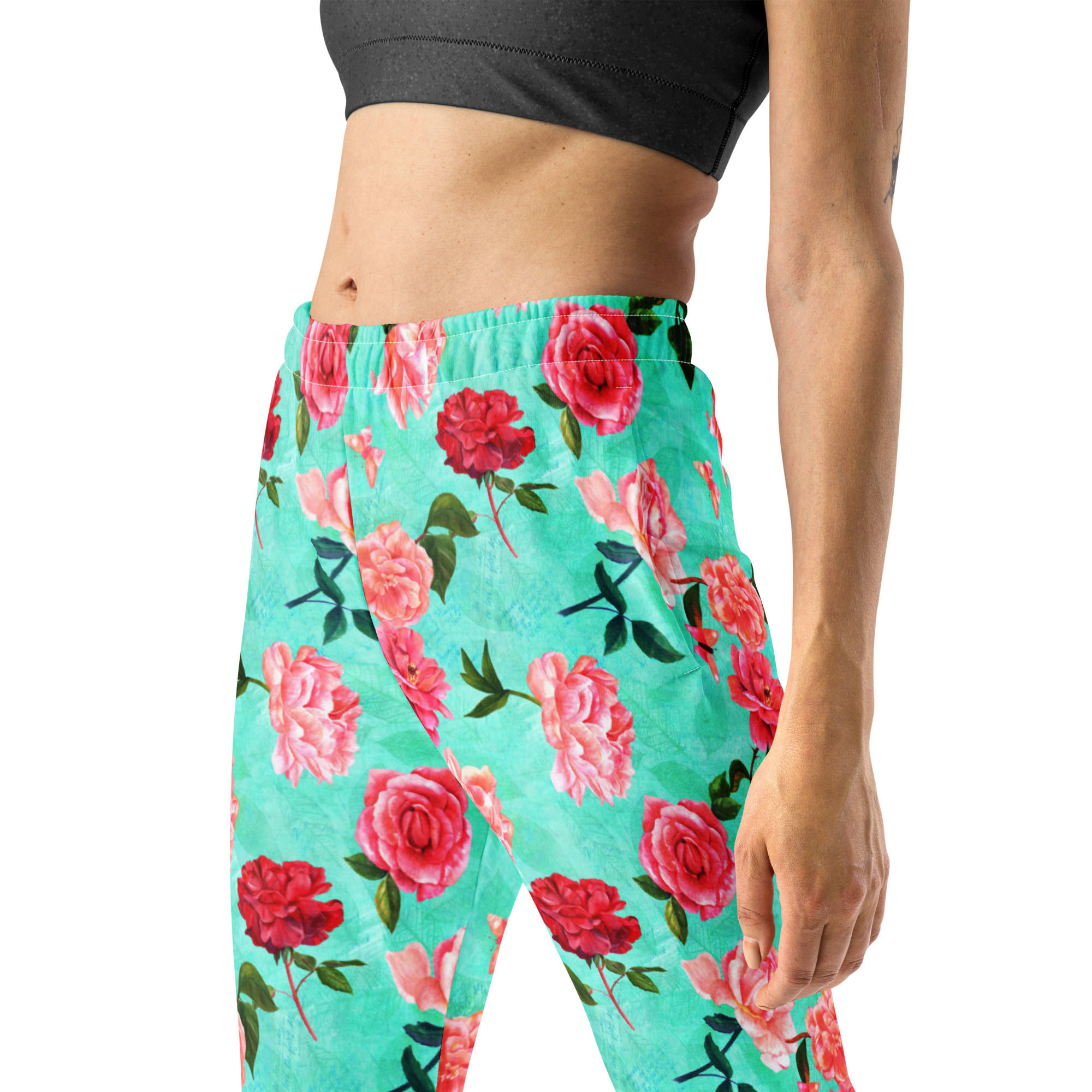 Blue pink floral recycled womens joggers