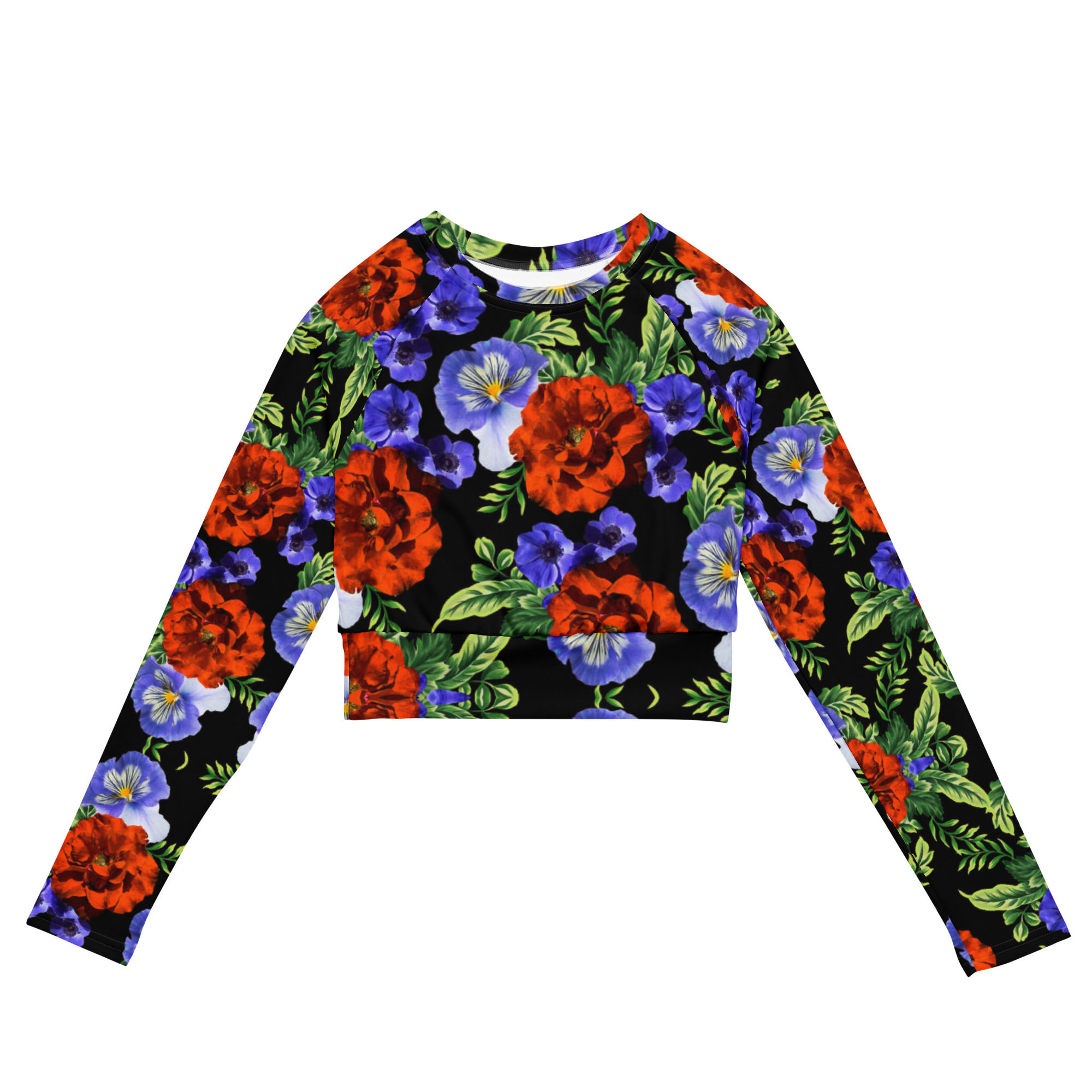 Purple red floral long-sleeve crop top