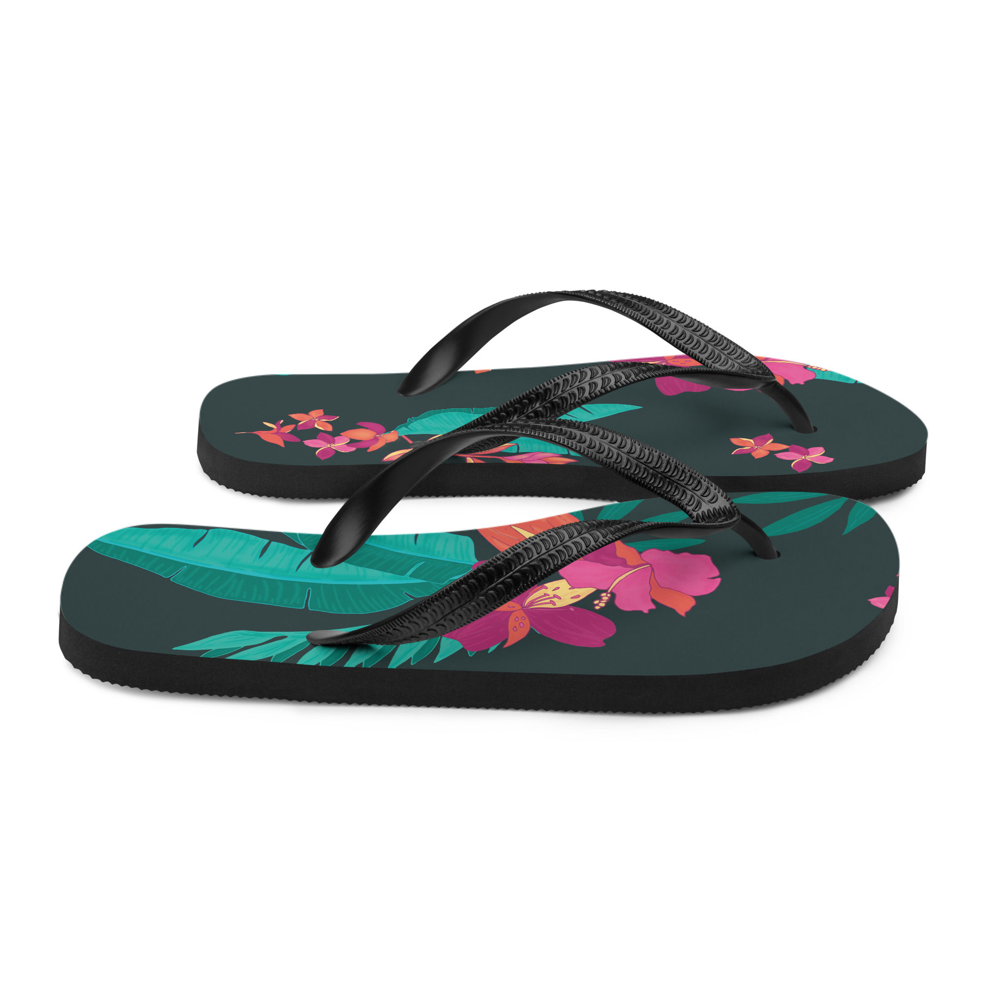 Tropical Floral Flip Flops S-L size rubber sole and straps toe post style