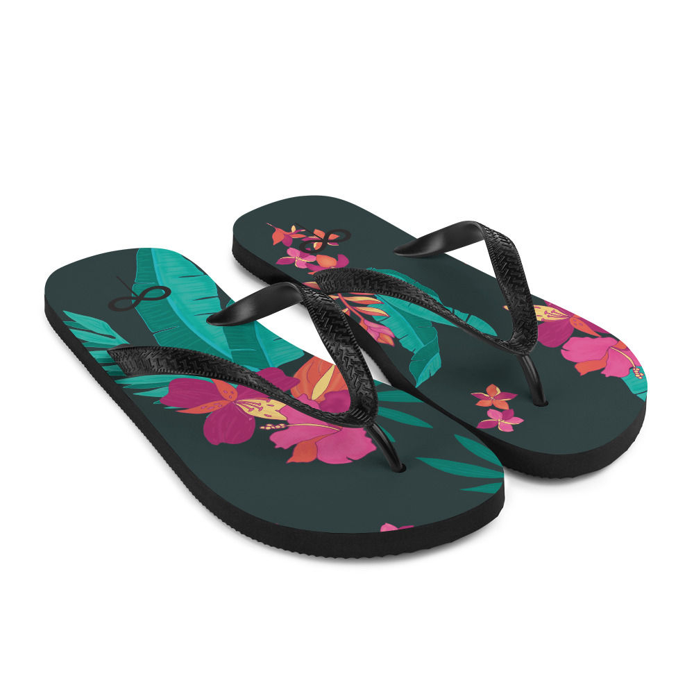 Tropical Floral Flip Flops S-L size rubber sole and straps toe post style