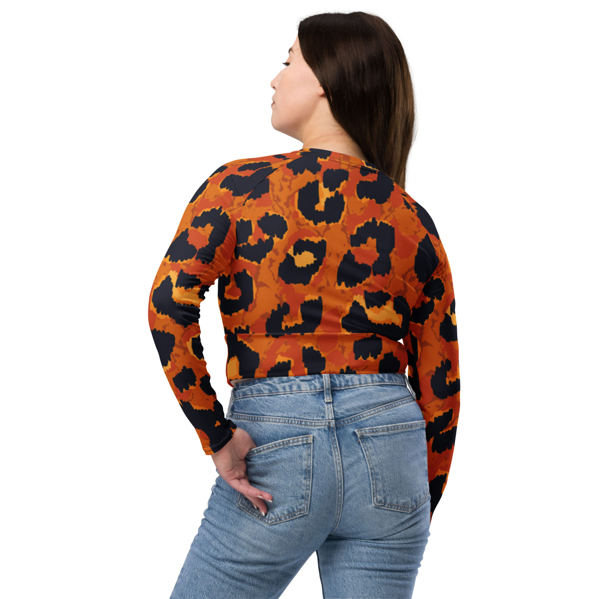Orange animal print long-sleeve crop top
