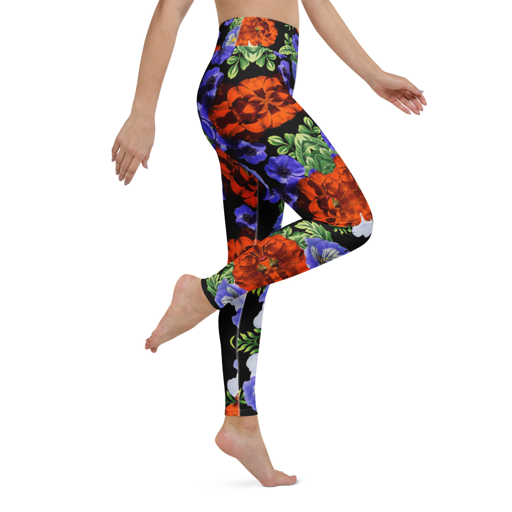 Purple red floral yoga leggings inside pocket