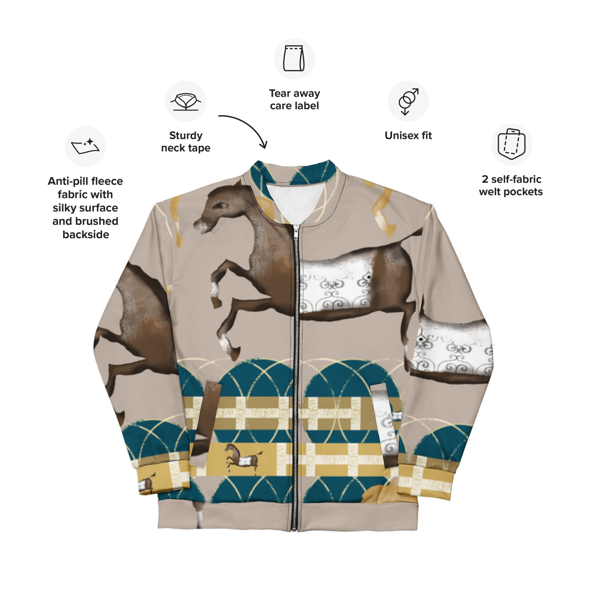 Horse print Unisex Bomber Jacket XS-3XL regular fit fleece fabric inside