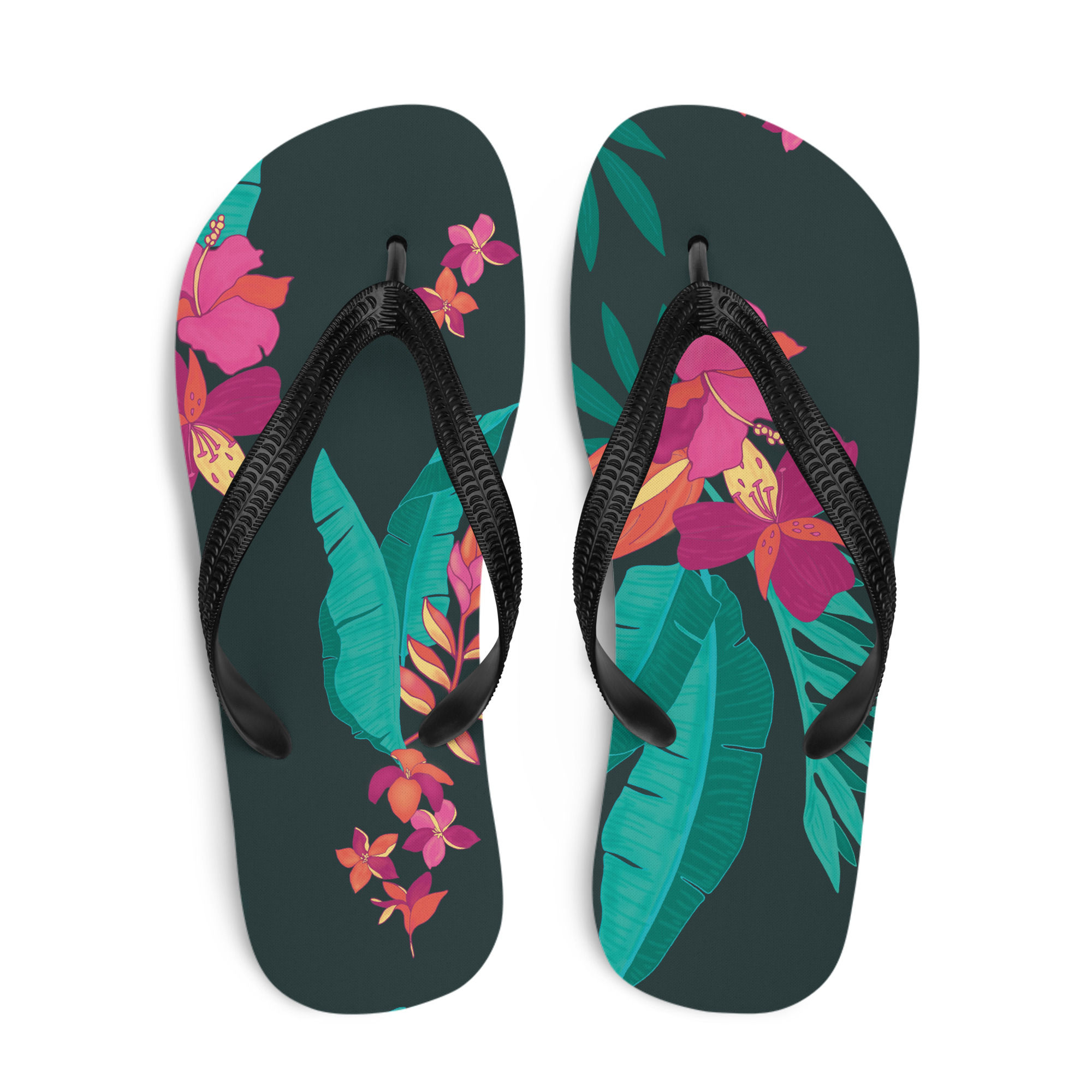 Tropical Floral Flip Flops S-L size rubber sole and straps toe post style
