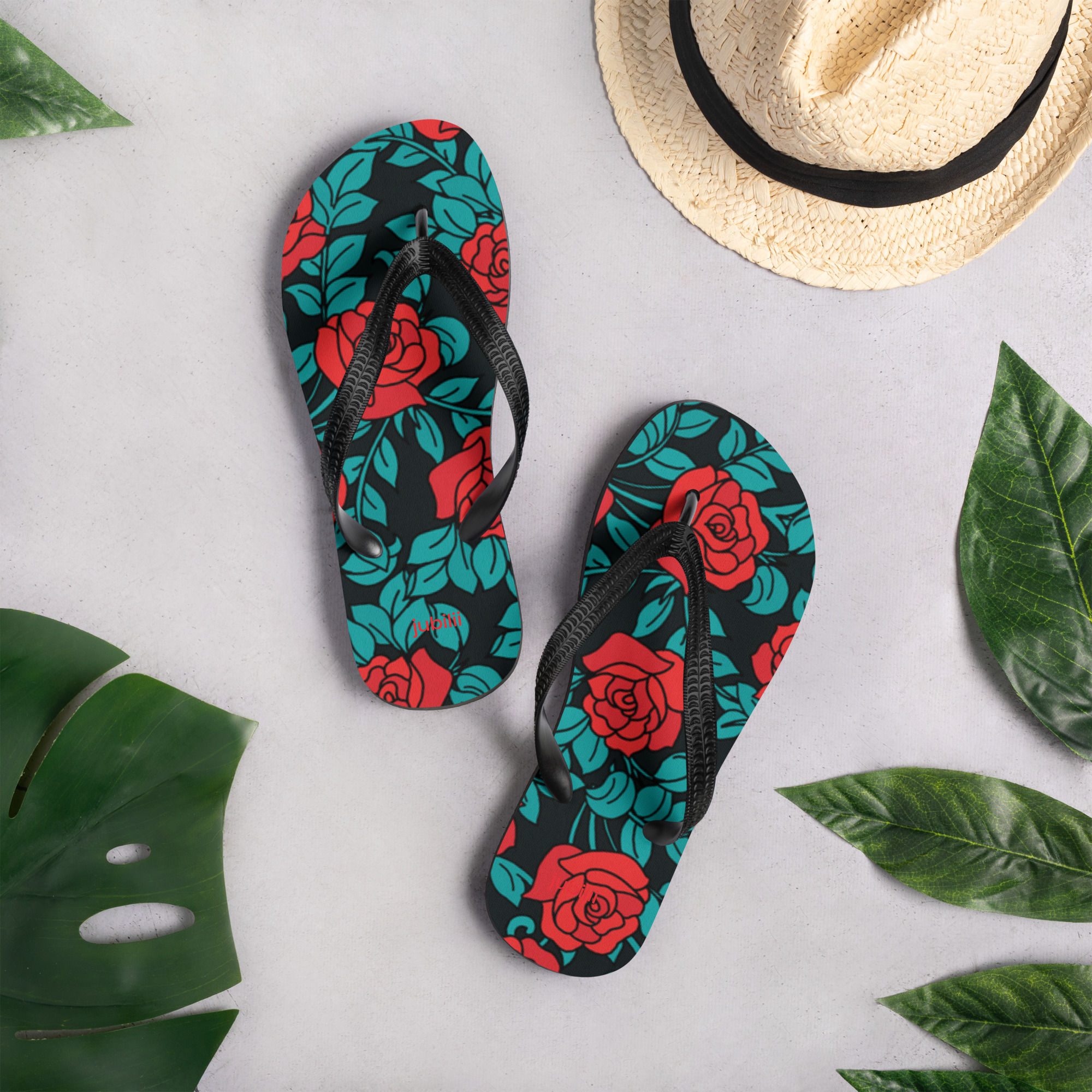 Red  Green Floral Flip Flops S-L size rubber sole and straps toe post style