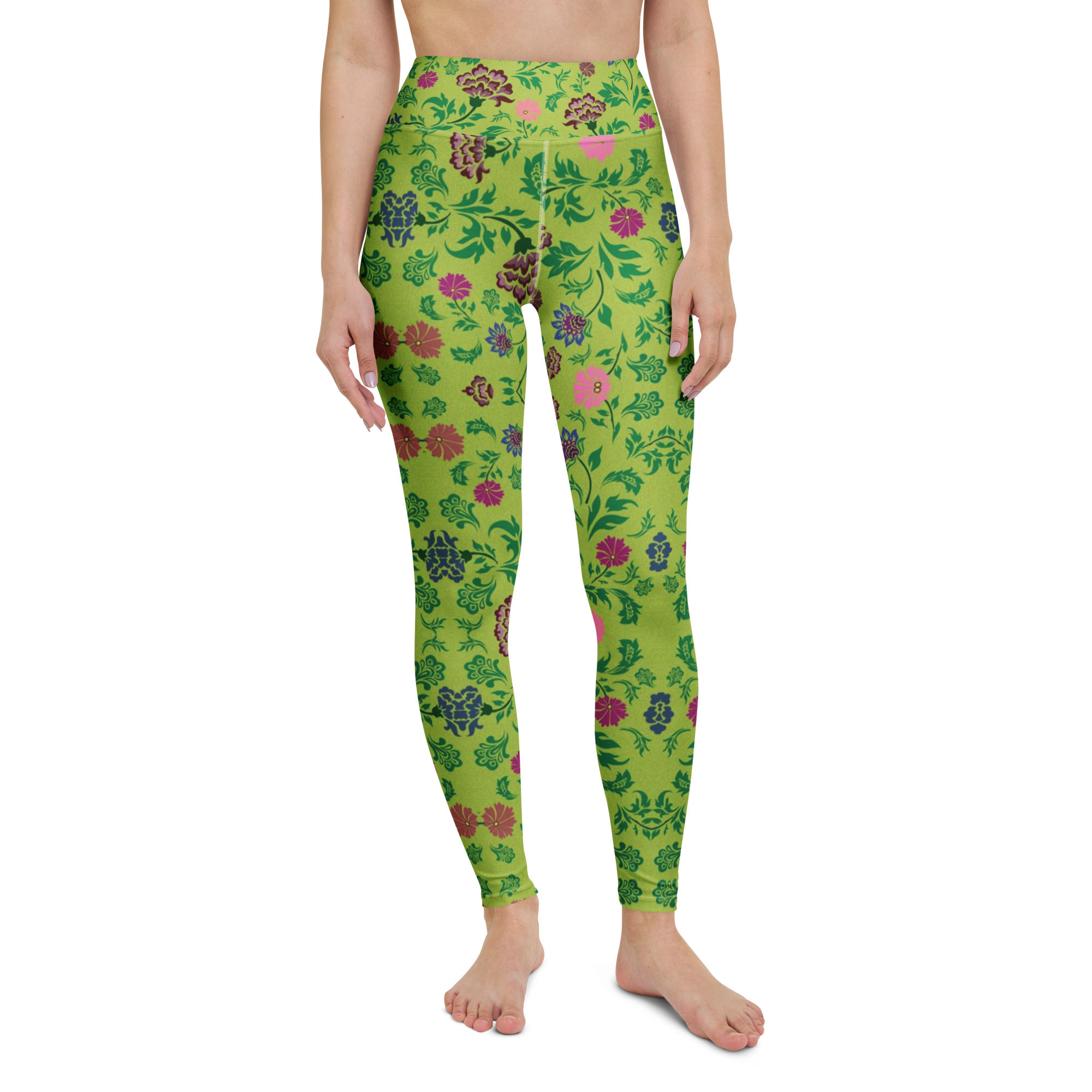 Green floral yoga leggings inside pocket