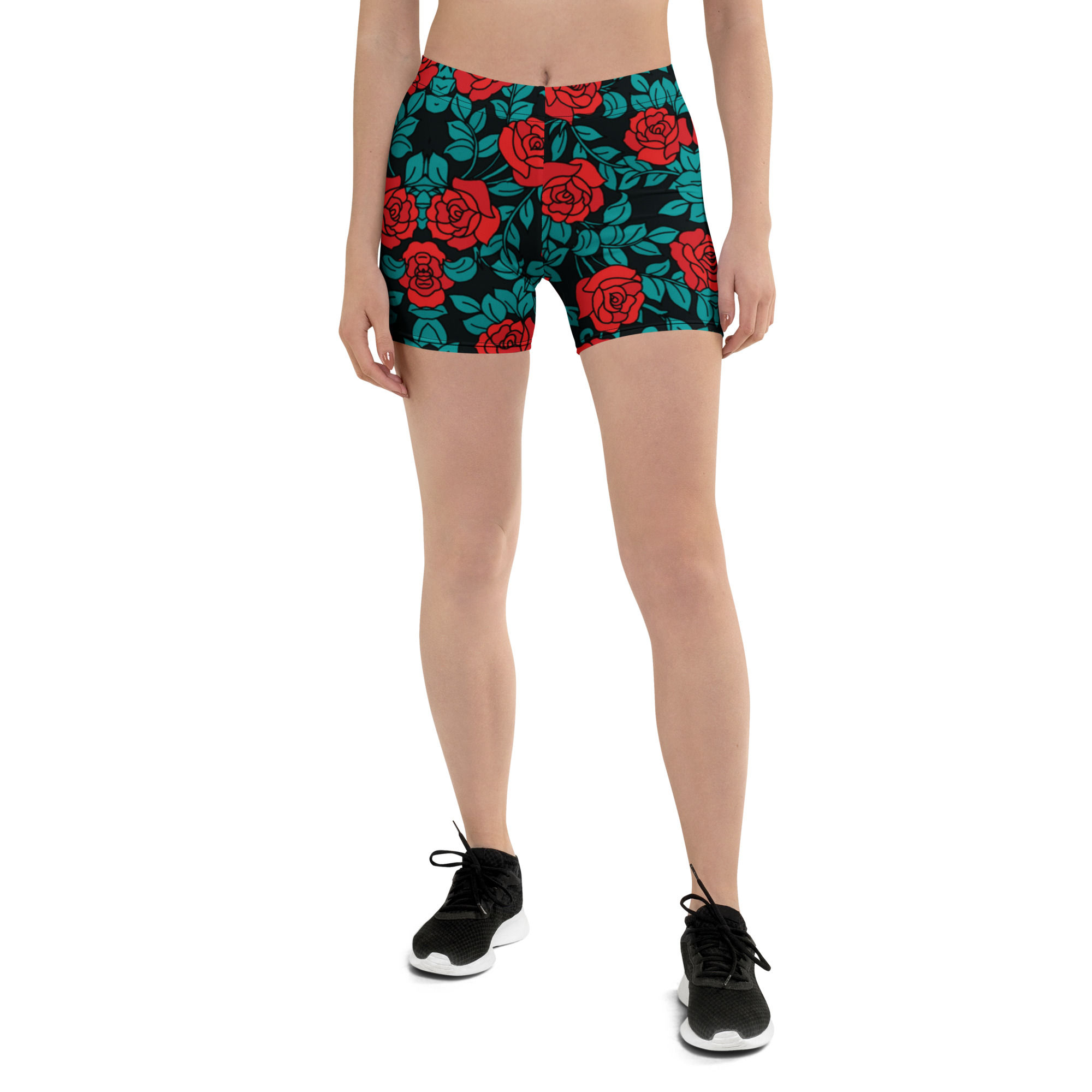 Red green floral bike short elastic waistband