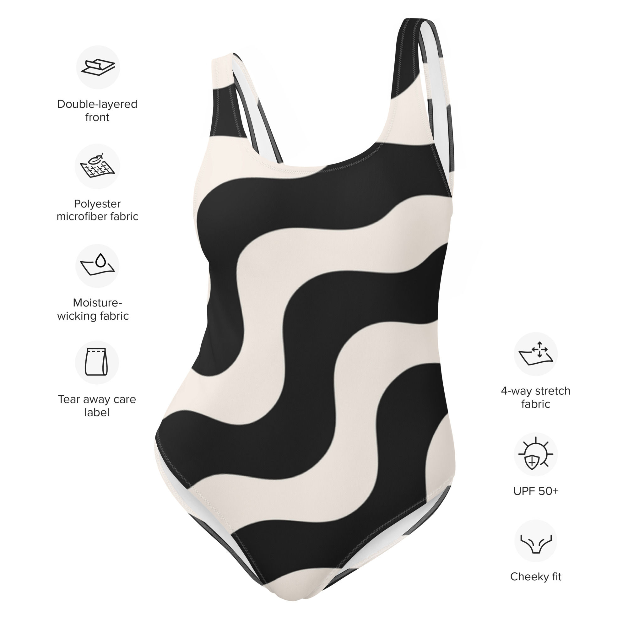 Black Waves One-Piece Swimsuit XS-3XL cheeky fit soft-touch fabric