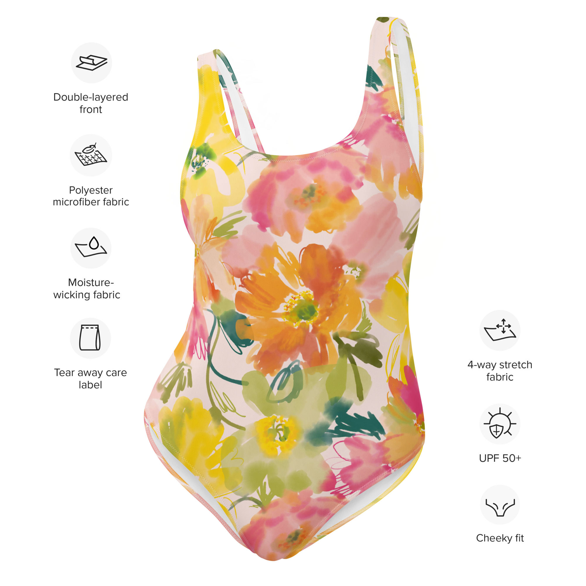 Light Colors Floral One-Piece Swimsuit XS-3XL cheeky fit soft-touch fabric