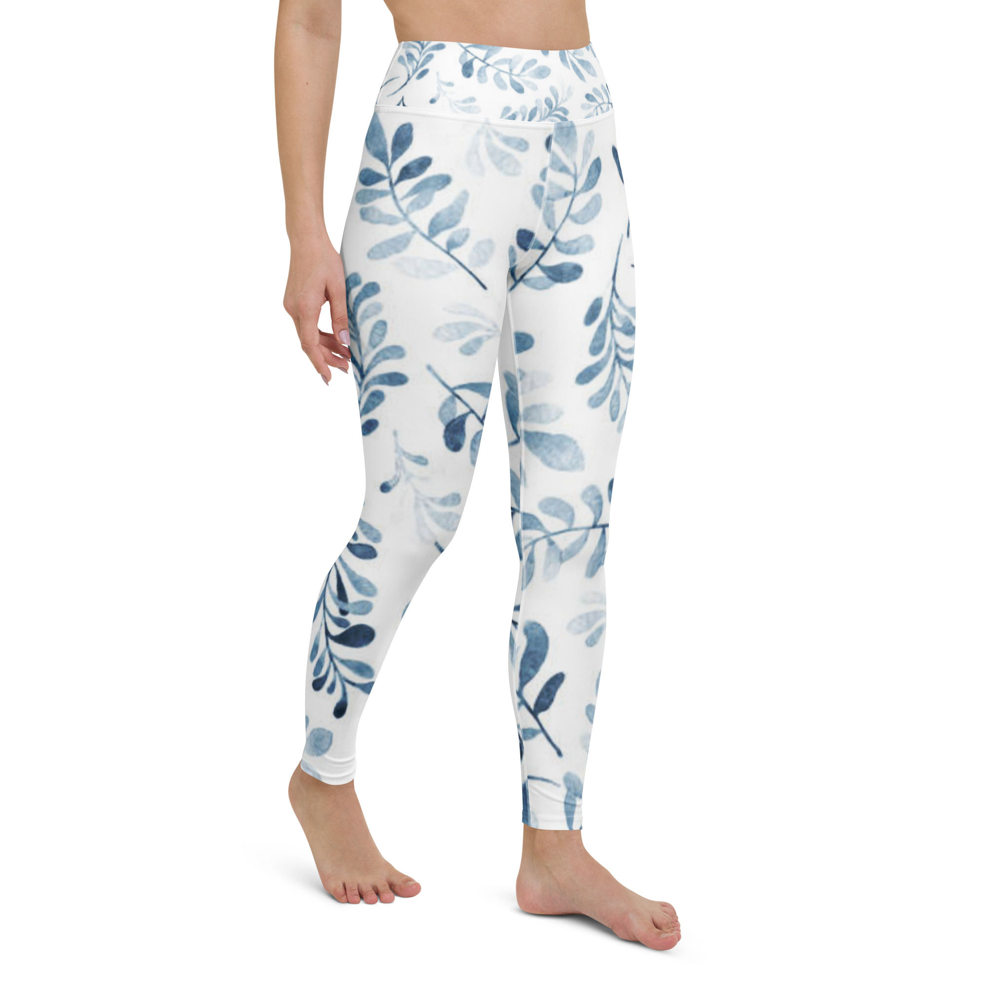 Blue Floral Yoga Leggings inside pocket stretchy XS-XL soft microfiber