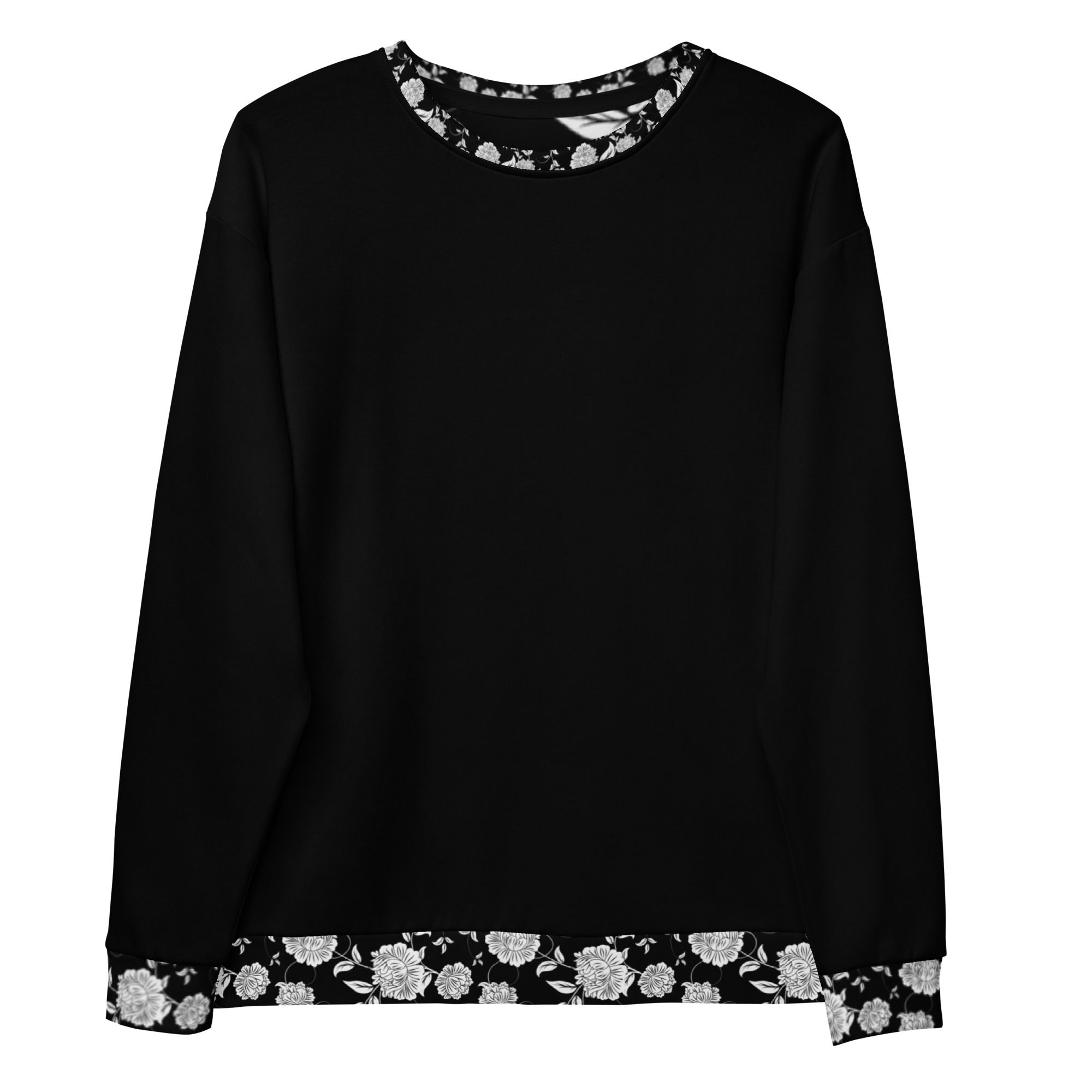 Black floral pattern Recycled Unisex Sweatshirt 2XS-6XL fleece fabric inside