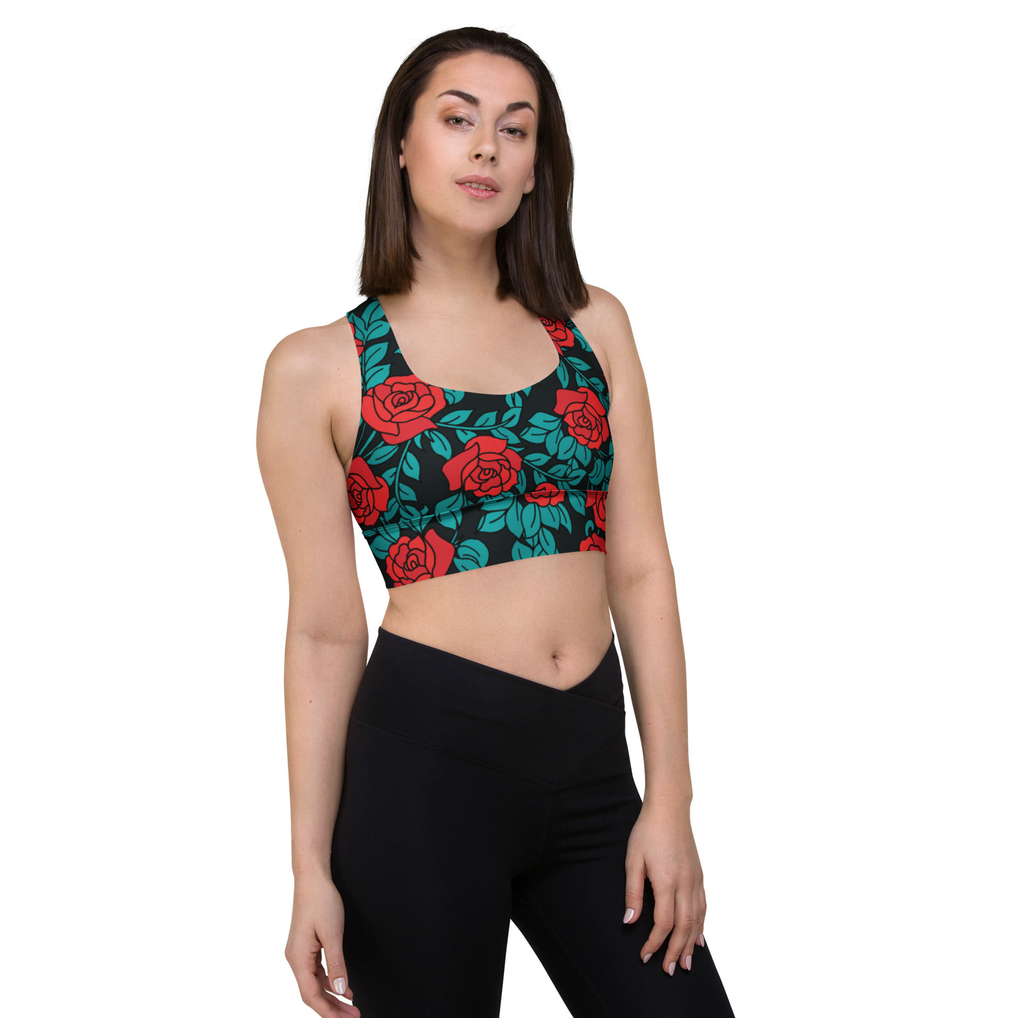 Red green floral longline sports bra high intensity
