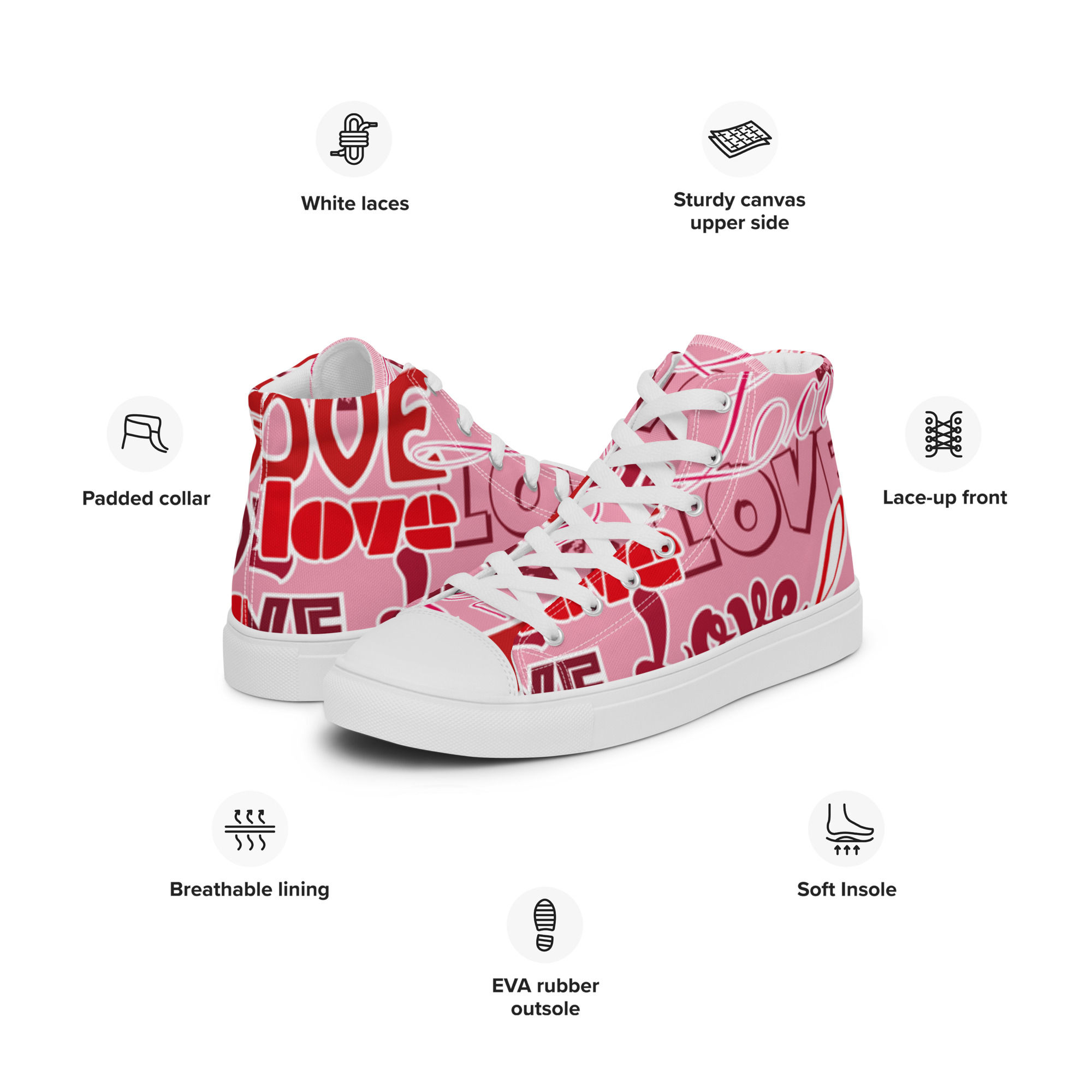 Pink love women high top trainers sizes 5-12 US canvas lace-up shoes