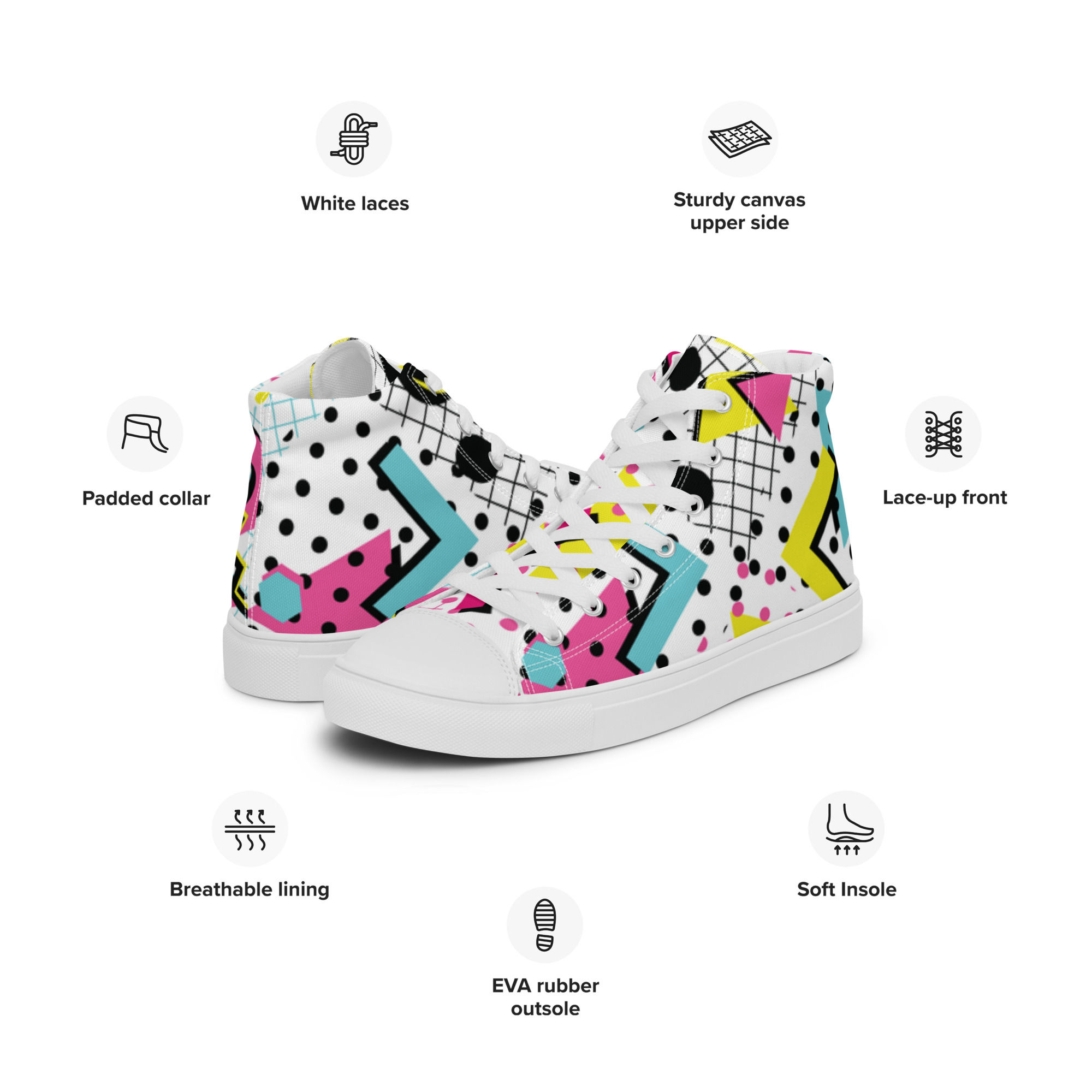 Geometric women high top trainers canvas lace-up shoes sizes 5-12 US