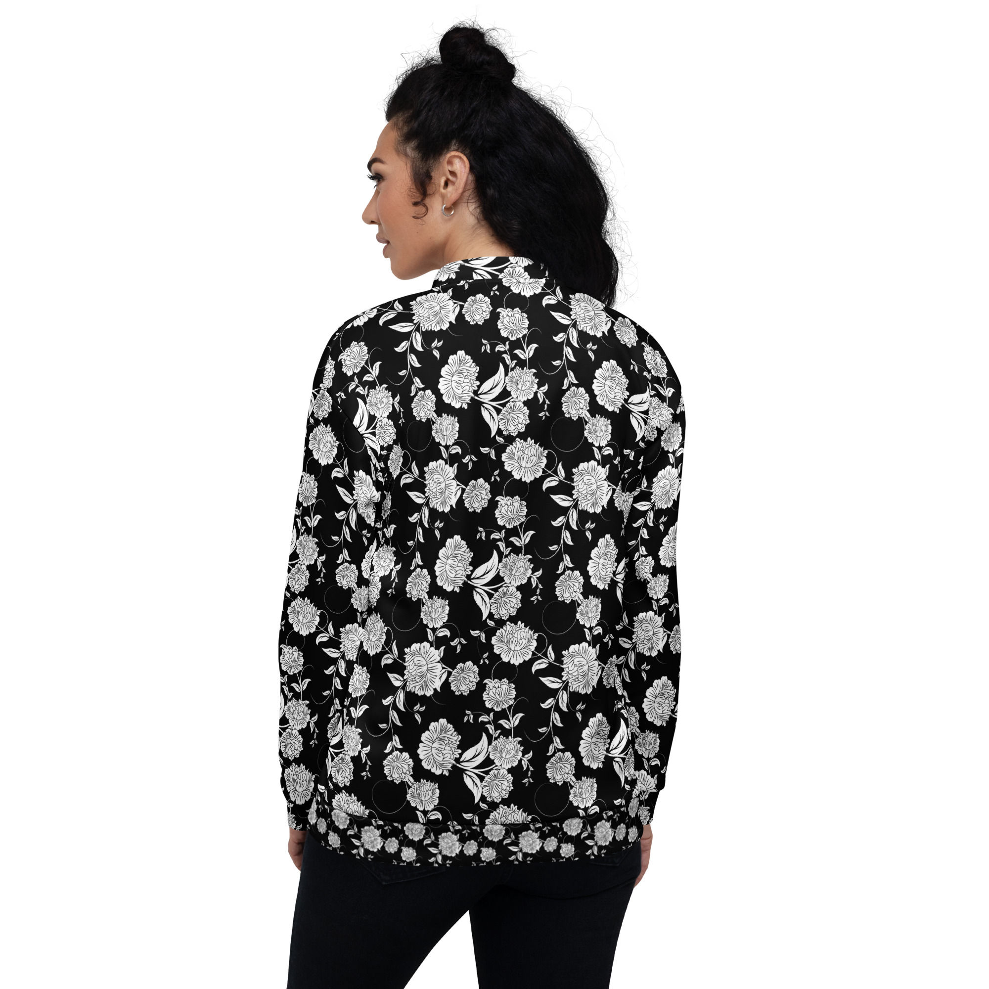 White Floral Black Black Unisex Bomber Jacket XS-3XL