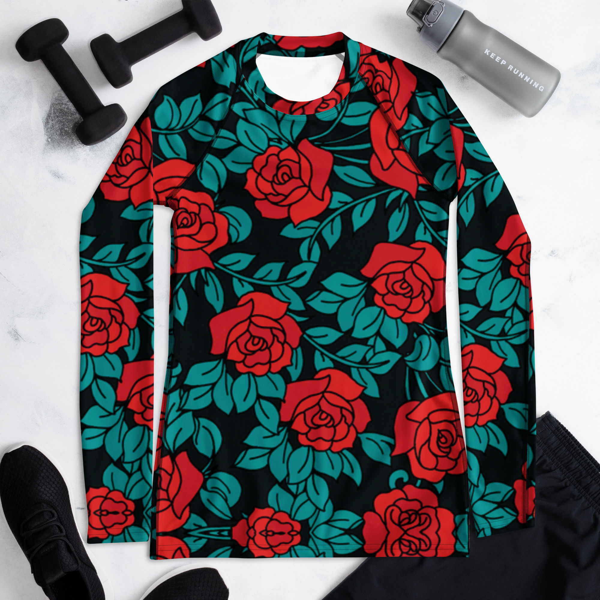 Red green floral womens rash guard athletic shirt