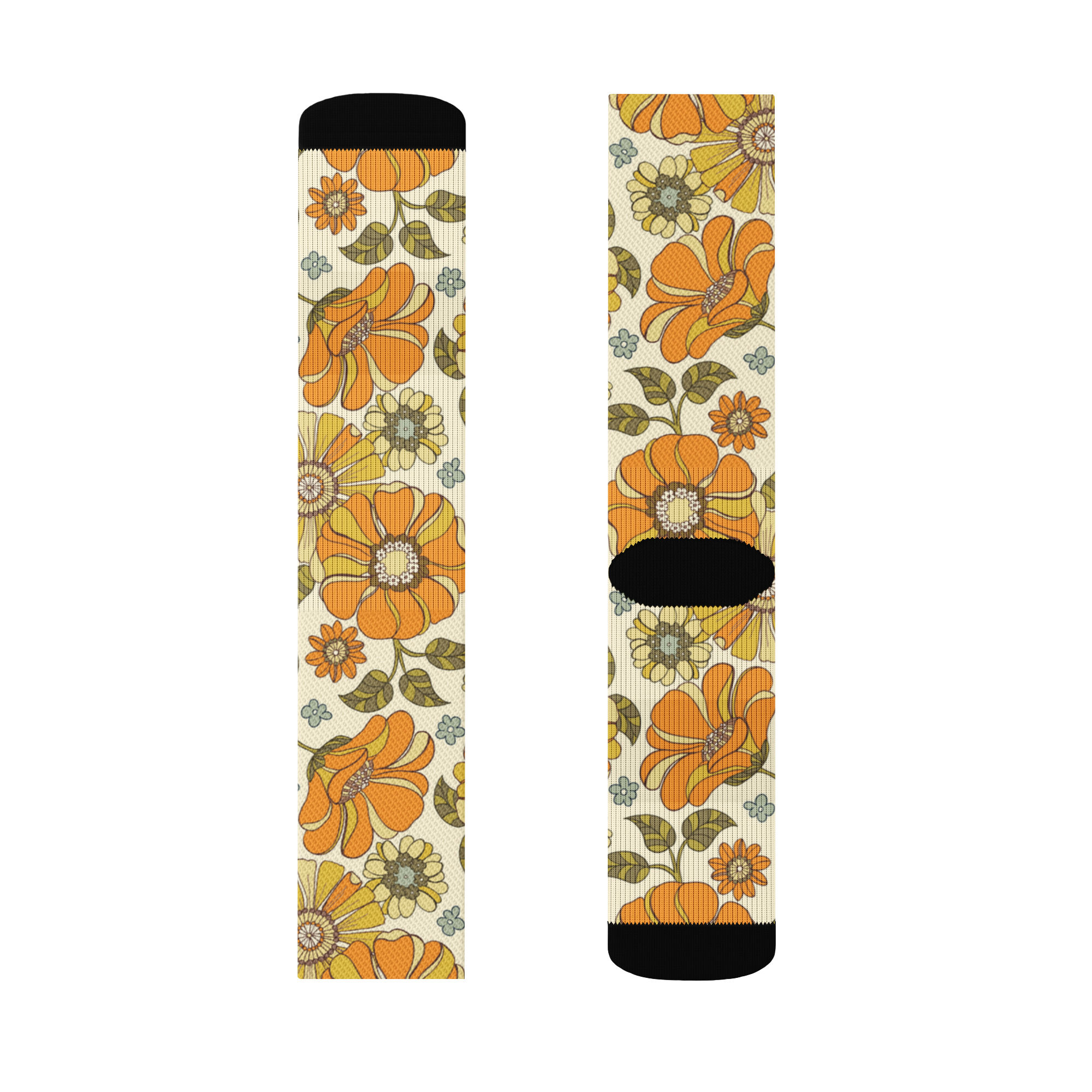 Orange floral Crew socks S-L cushioned fleece-lined bottom