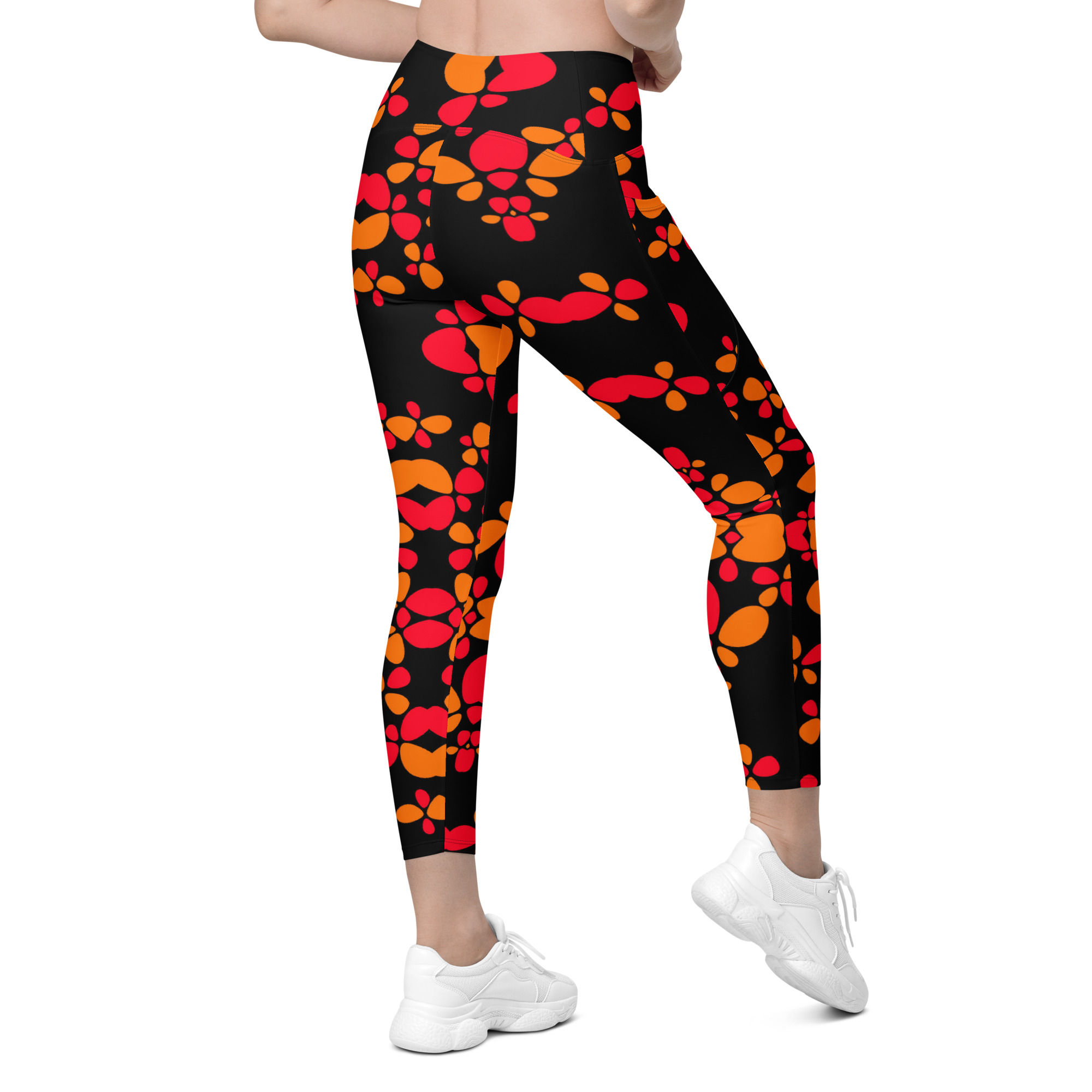 Orange red black yoga leggings side pockets