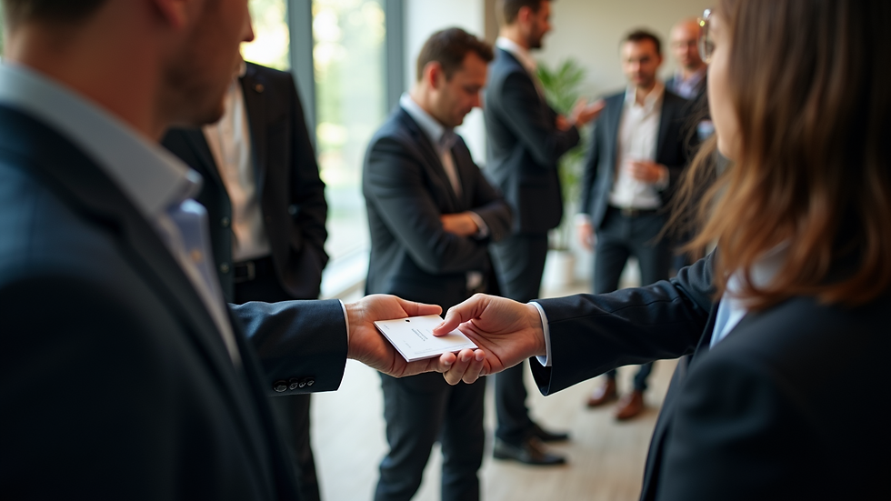 High angle view of a networking event with professionals exchanging business cards