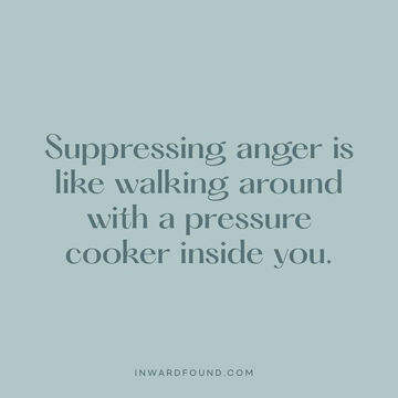 Text on a pale blue background reads: "Suppressing anger is like walking around with a pressure cooker inside you." Mood is contemplative.