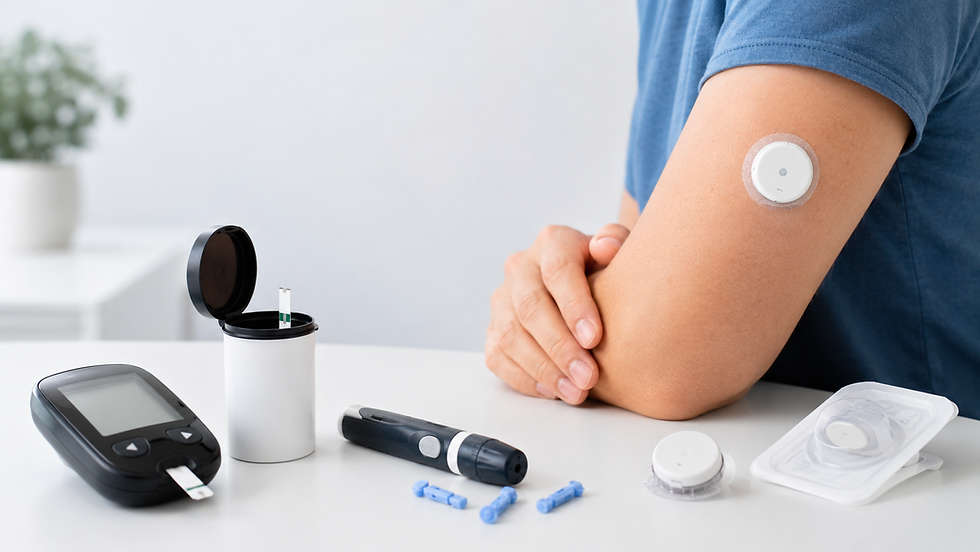 CGM senzor, glucometer, testing strips