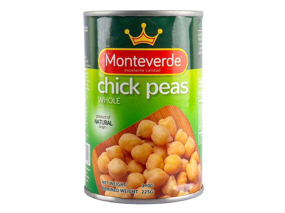 Lata de garbanzos Monteverde de 310g. Etiqueta verde con fotos de garbanzos y texto resaltando calidad natural. Fondo blanco.