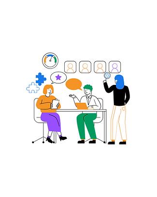 A colorful illustration showing three people in a workplace HR scenario. A person with orange hair wearing an orange top and purple pants sits at a desk holding papers. Across from them, a person with green hair in business attire gestures while speaking, with an orange speech bubble above them. A third person with blue hair stands to the right holding a magnifying glass. Above them are profile icons representing employees, puzzle pieces symbolizing teamwork, a gauge/meter, and a star in a speech bubble. The illustration uses a minimalist style with bright colors (orange, green, purple, and blue) to represent HR processes and evaluation.