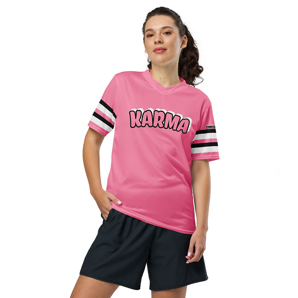 Thumbnail: Pink Salmon /Black/White Unisex Sports Jersey By SIMPLY SSEXIE! (KARMA FRONT)