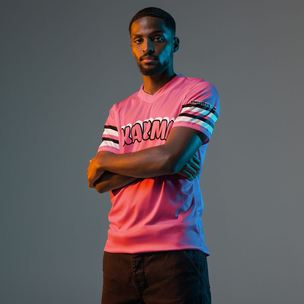 Thumbnail: Pink Salmon /Black/White Unisex Sports Jersey By SIMPLY SSEXIE! (KARMA FRONT)