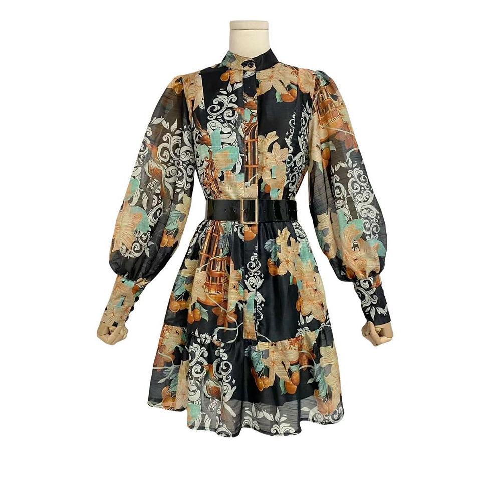 Thumbnail: Australian Niche Vintage Printing Stand-up Collar Puff Sleeve Dress