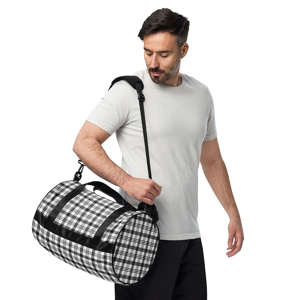 Thumbnail: Large Gym Bag Black/White Plaid Design Unisex One SIze