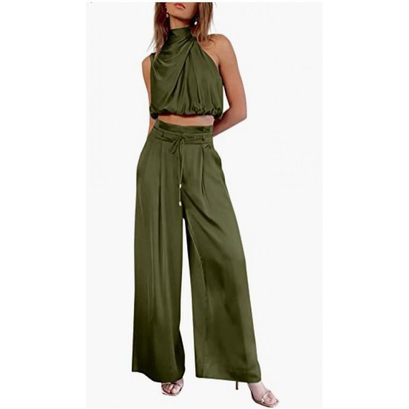 Thumbnail: Suits Casual Sleeveless Midriff-baring Top And Wide Leg Pants 2pcs Set