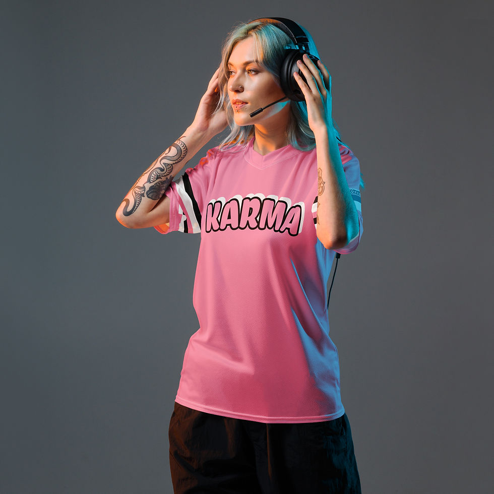 Thumbnail: Pink Salmon /Black/White Unisex Sports Jersey By SIMPLY SSEXIE! (KARMA FRONT)
