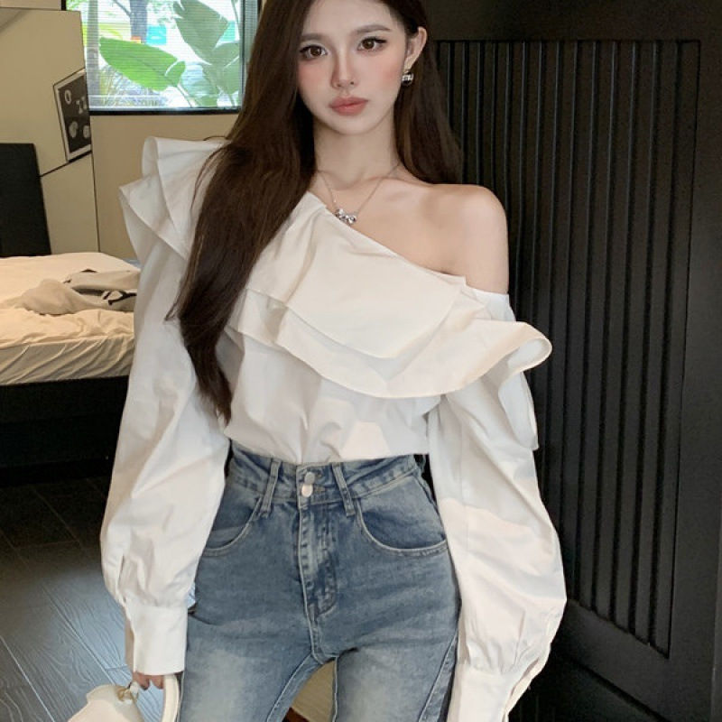 Thumbnail: Women's Ruffled Off-the-shoulder Long Sleeve Design Elegant Socialite Shirt