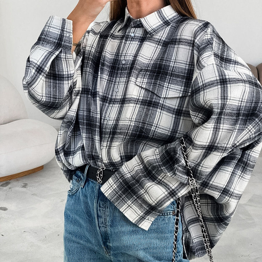 Thumbnail: Women's Black And White Plaid Shirt Loose