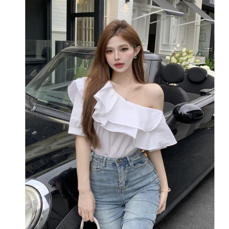 Thumbnail: Women's Ruffled Off-the-shoulder Long Sleeve Design Elegant Socialite Shirt