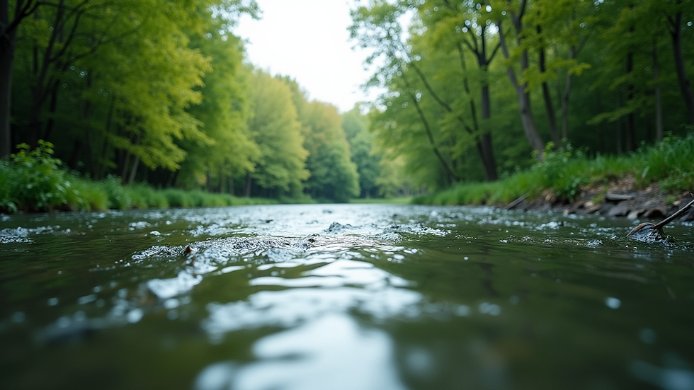 Eye-level view of a calm river with green trees along the banks