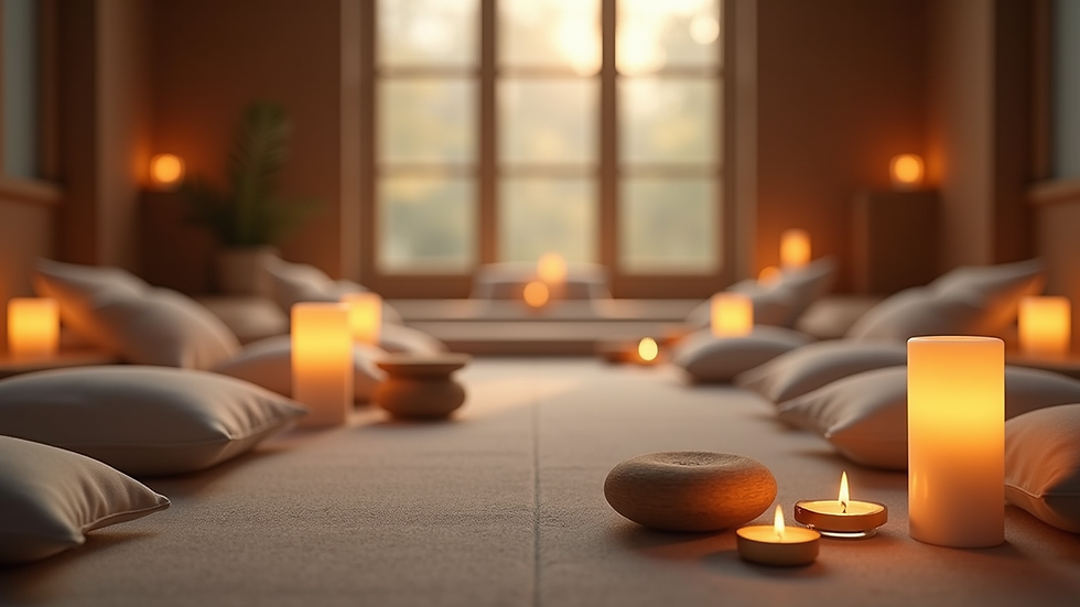 Eye-level view of a peaceful meditation space with candles and cushions