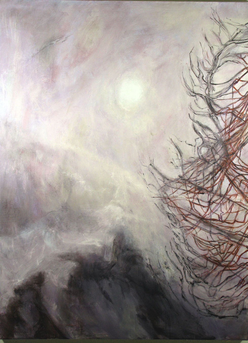 painting of trees in the winter, abstract expressionism. original art, Art influenced by the Chinese Dao, Winter Sun Red Branches