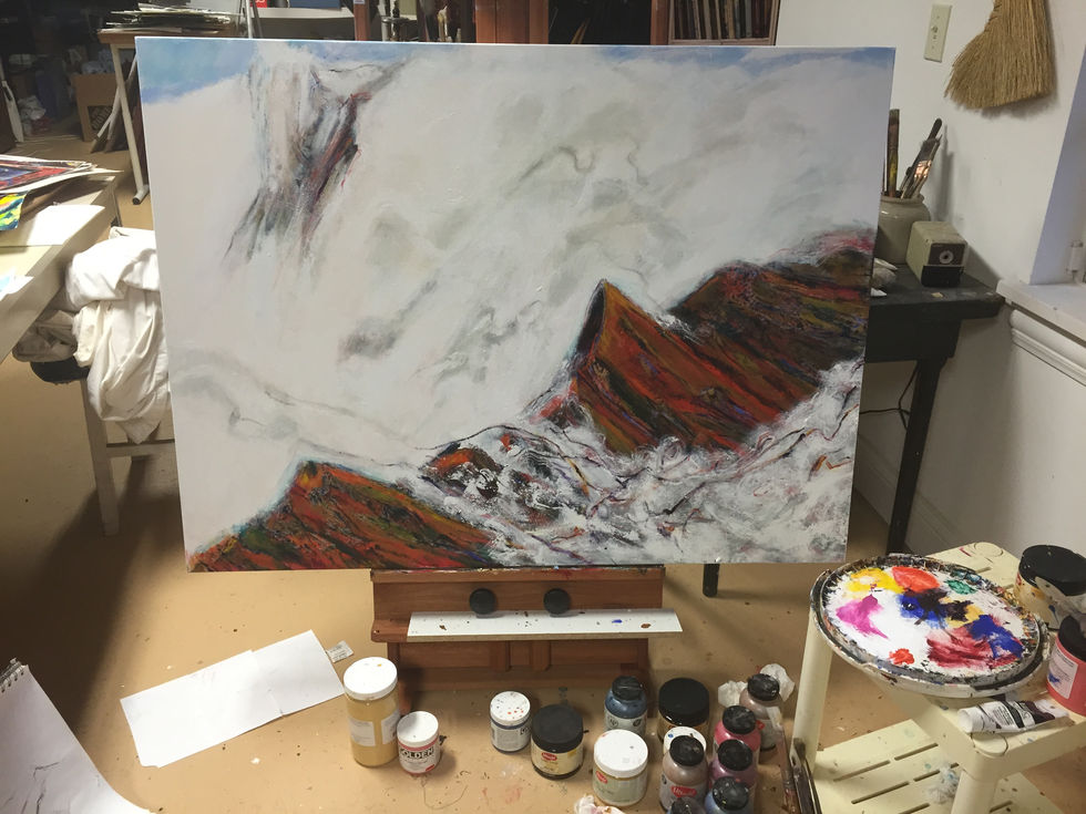 Photo of the Peruvian Mountain painting in progress, in Janice's studio