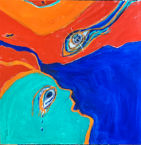 abstract expressionism, woman's head calling soul birds and seeking answers to life's meaning. painting. original art. abstract expressionism. symbolism. simplified images. acrylic on canvas.