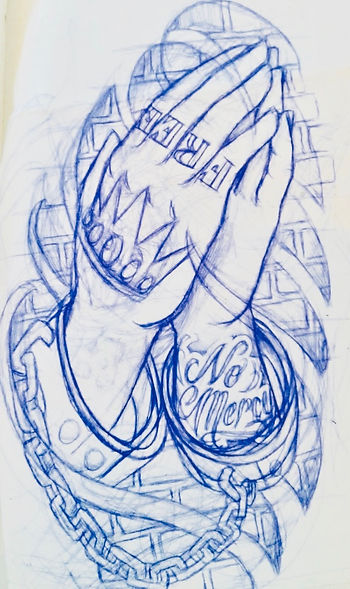 praying tattooed hands in cuffs drawing