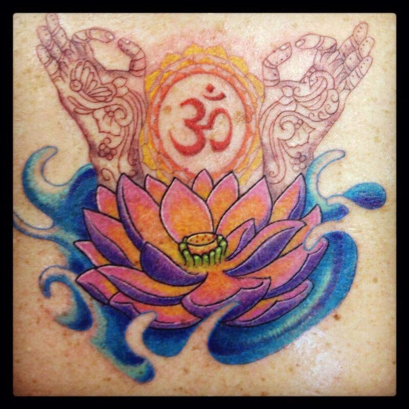 Ohm hands water lily tattoo