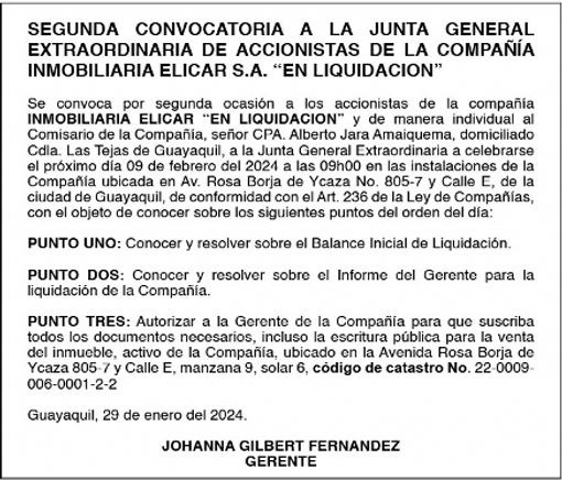 Convocatoria a la Junta General Extraordinaria de Accionistas de la Compañía Inmobiliaria 