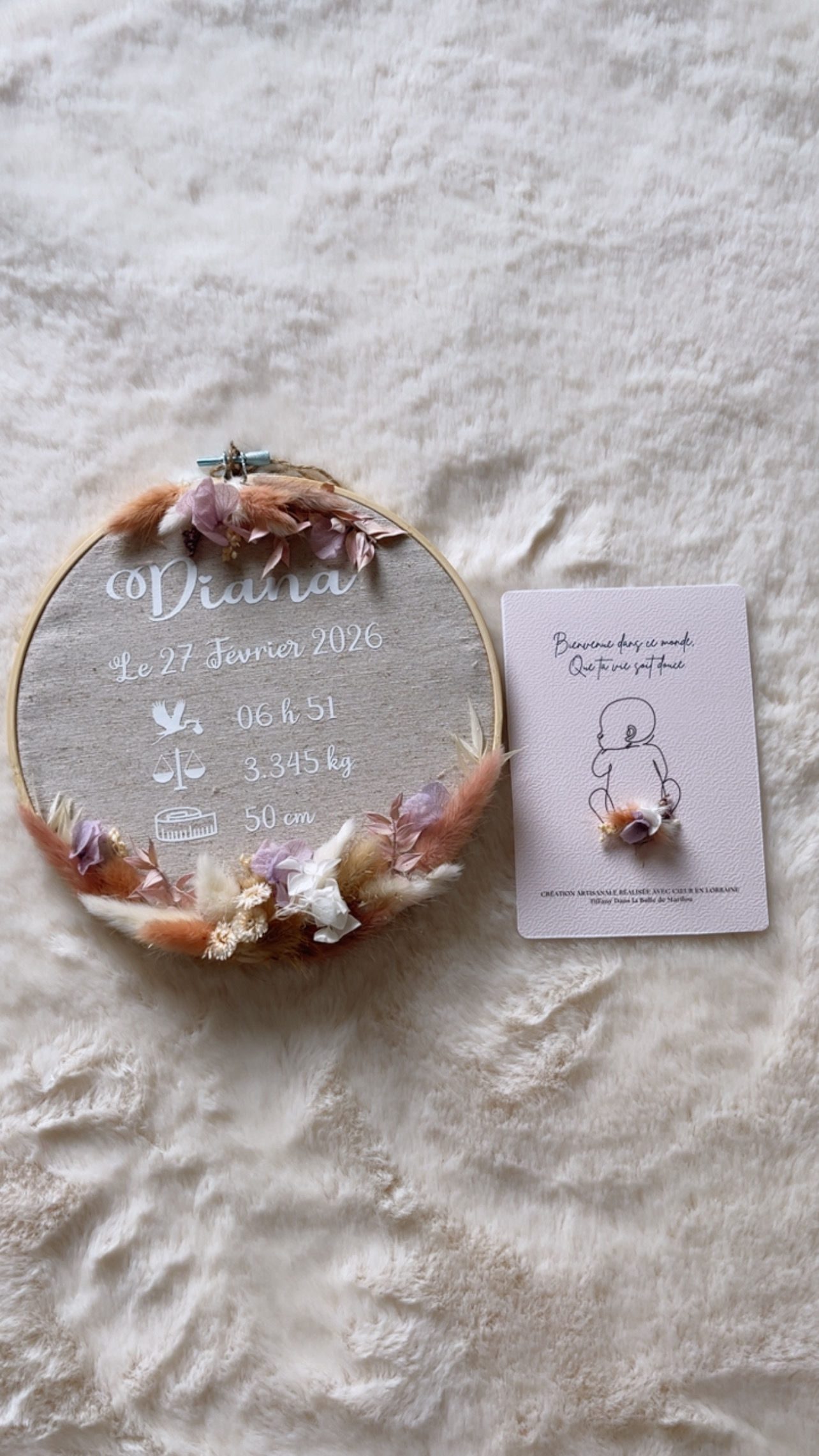 Coffret Tambour de Naissance 20cm Fleurs Séchées | Cadeau Personnalisé