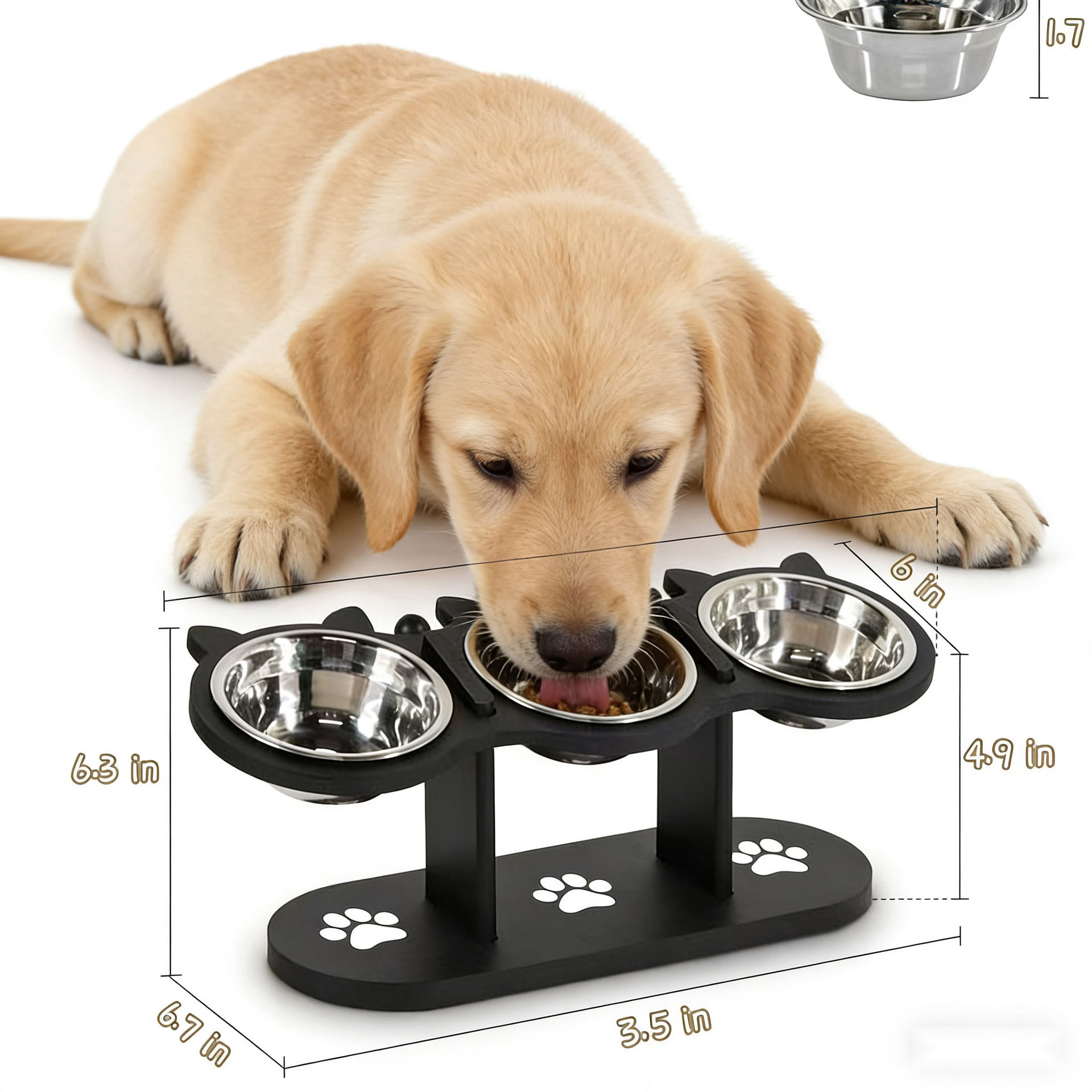 Wooden Pet Feeder Stand Vertical Cat Dog Food Bowl Holder Neck Support Three Bow