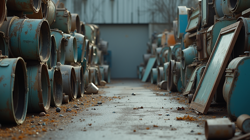 Eye-level view of HVAC salvage yard with various used parts stacked
